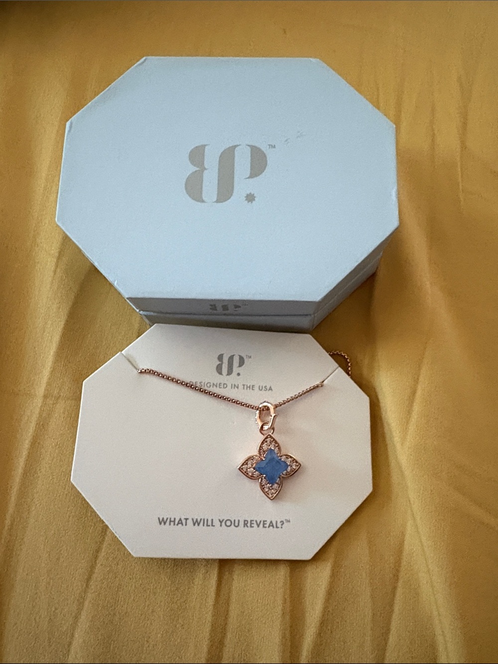Rose Gold Clover Pendant Necklace with Blue Stone - Designed in the USA